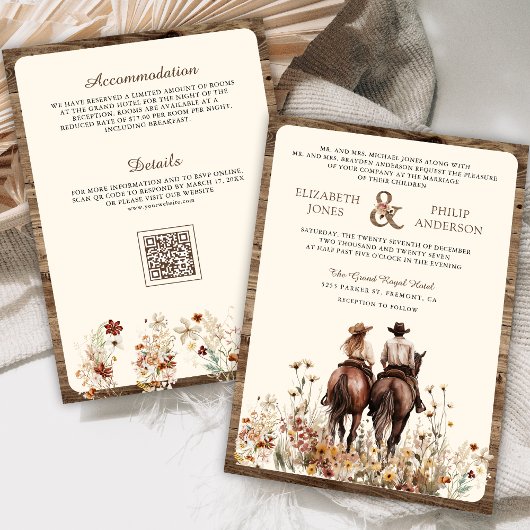 Invitation Boho Western Couple équitation Cheval QR Code Mari