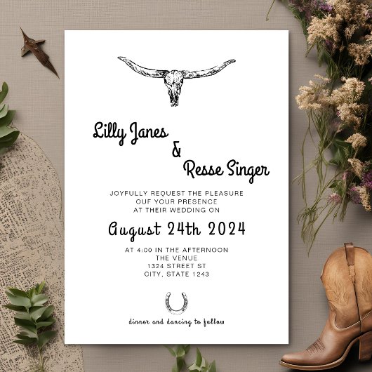 Invitation Boho Western Cow Skull Russe Mariage