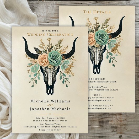 Invitation Boho Western Floral Vache crâne tout en un Mariage