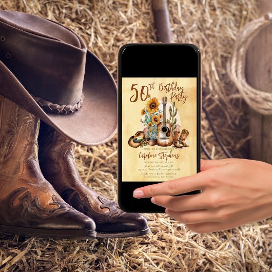 Invitation Boho Western Guitar Sunflower 50e fête d'anniversa