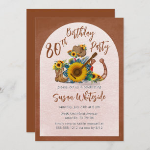 Invitation Boho Western Guitar Sunflower 80e fête d'anniversa