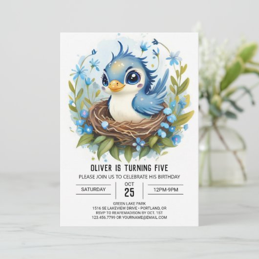Invitation Boho Whimsical Blue Bird Anniversaire (Debout devant)