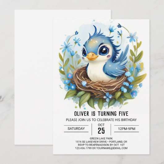 Invitation Boho Whimsical Blue Bird Anniversaire (Devant / Derrière)