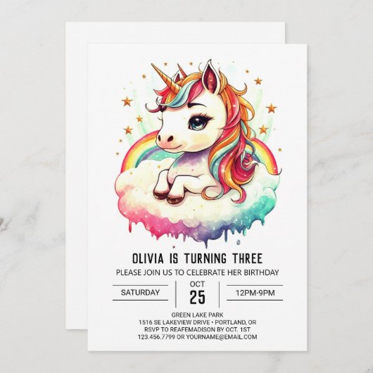 Invitation Boho Whimsical Unicorn anniversaire (Devant / Derrière)