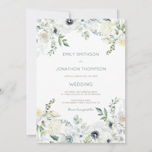 Invitation Boho White Florals Eucalyptus Feuille Mariage (Devant)