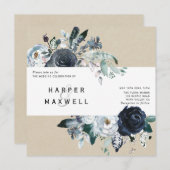 Invitation Boho White Navy Peony Kraft Mariage Carré (Devant / Derrière)