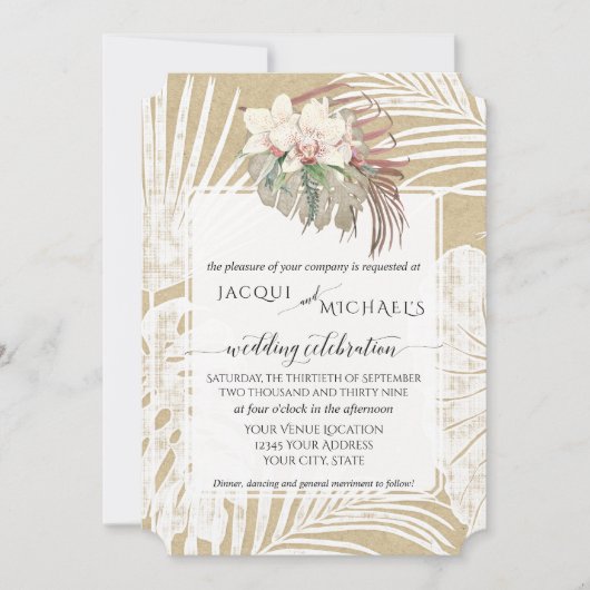 Invitation BOHO White Orchid Floral Tropical Folid Kraft (Devant)