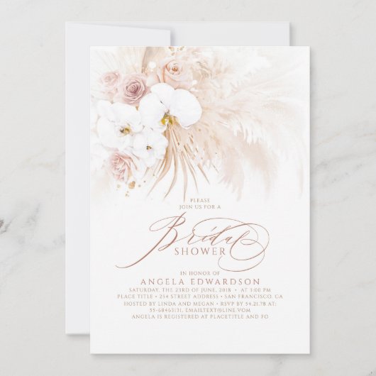 Invitation Boho White Orchidées Pampas Grass Fête des mariées (Devant)