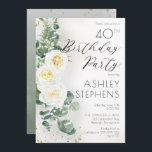 Invitation Boho White Roses Eucalyptus 40e fête d'anniversair<br><div class="desc">Elégant et classe boho-chic rose blanche et eucalyptus floral "fête d'anniversaire" conception de texte avec confettis et ombrage doré foncé. L'arrière est orné d'un arrière - plan vert sauge dégradé d'aquarelle,  vert et d'éclats de confettis dorés foncés et clairsemés.</div>