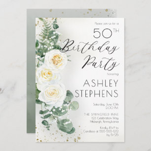 Invitation Boho White Roses Eucalyptus 50e fête d'anniversair