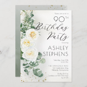 Invitation Boho White Roses Eucalyptus 90e fête d'anniversair