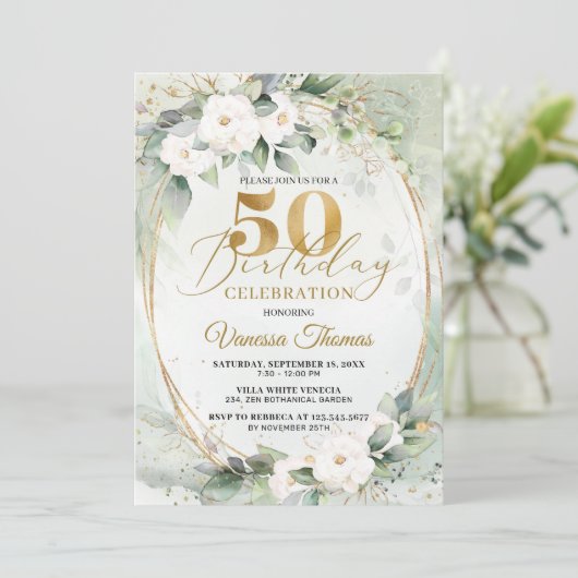 Invitation Boho White roses eucalyptus or ovale 50e (Debout devant)