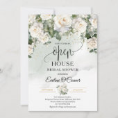 Invitation Boho White Roses Green and Gold Open House (Devant)
