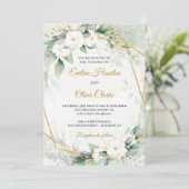 Invitation Boho White roses vert eucalyptus faux cadre or (Debout devant)