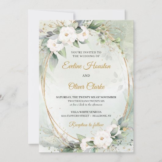 Invitation Boho White roses vert eucalyptus faux or oval (Devant)