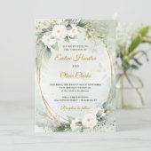 Invitation Boho White roses vert eucalyptus faux or oval (Debout devant)
