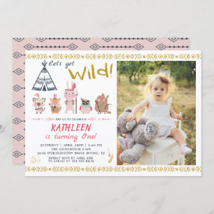 Invitation Boho Wild Animals Rose Gold Girl Photo Anniversair