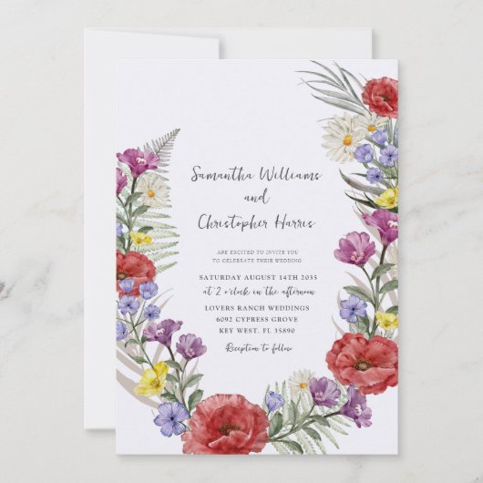 Invitation Boho Wild Flower Wreath Watercolor Mariage (Devant)
