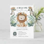 Invitation Boho Wild One Lion Baby shower Floral (Debout devant)
