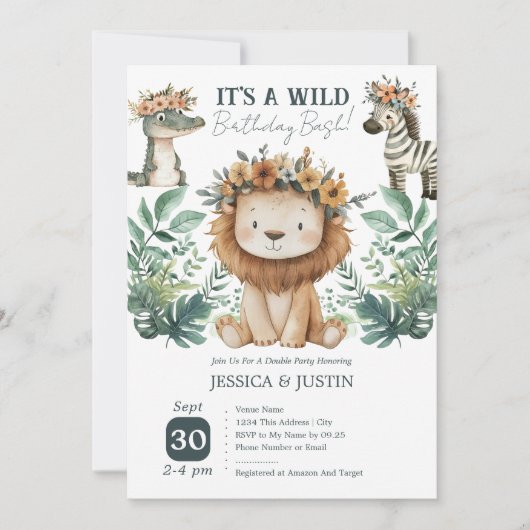Invitation Boho Wild One Lion Double Enfants Anniversaire (Devant)