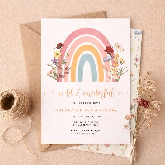 Invitation Boho Wild & Onederful Wildflower Rainbow Birthday