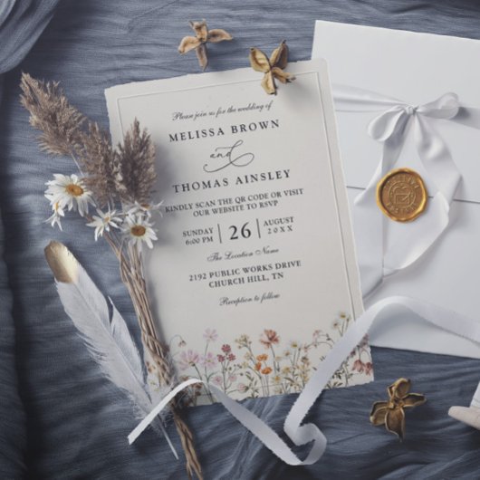 Invitation Boho Wildflower Beige Elegant QR Code Wedding
