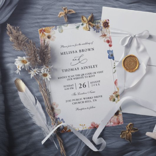 Invitation Boho Wildflower Garden Budget QR Code Wedding