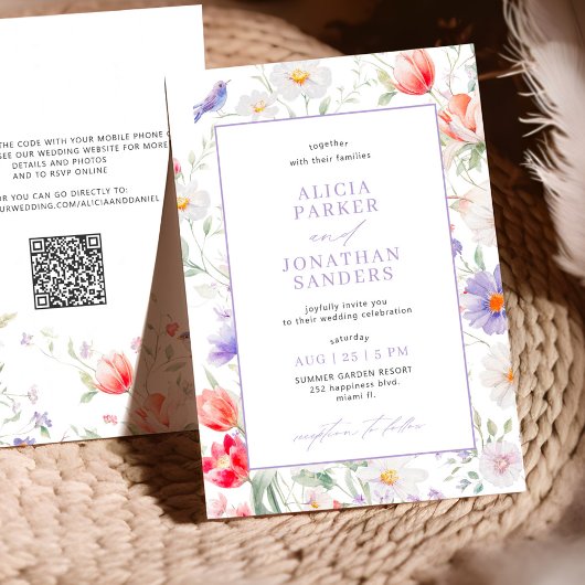 Invitation Boho wildflower lavender all in one QR wedding