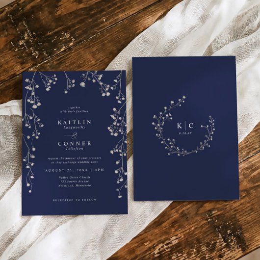 Invitation Boho Wildflower Navy Blue Baby's Breath Wedding