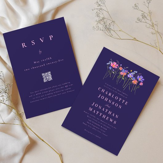 Invitation Boho Wildflower Navy Blue Pink Wedding QR Code