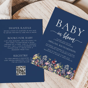 Invitation Boho Wildflowers Bleu Nuit Code QR Baby Shower