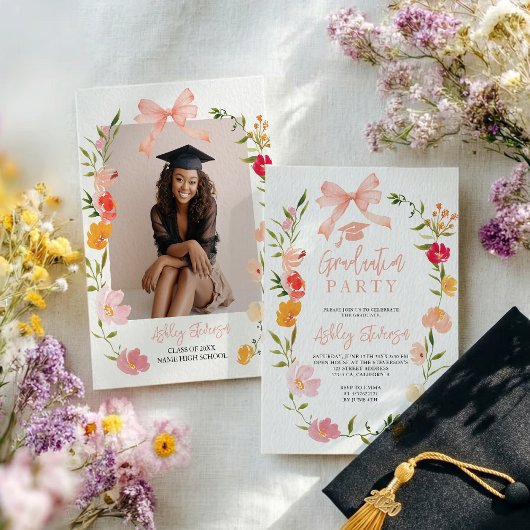 Invitation Boho Wildflowers Coquette Bow photo graduation