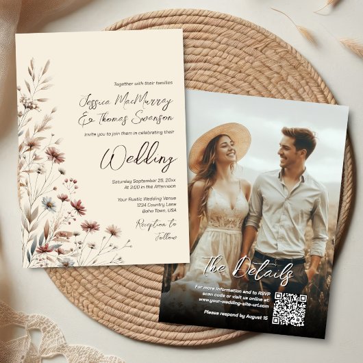 Invitation Boho Wildflowers & Photo Modern QR Code Wedding