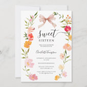 Invitation Boho Wildflowers Pink Coquette Bow Photo Sweet 16 (Devant)