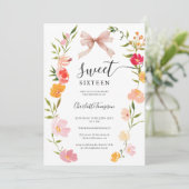Invitation Boho Wildflowers Pink Coquette Bow Photo Sweet 16 (Debout devant)