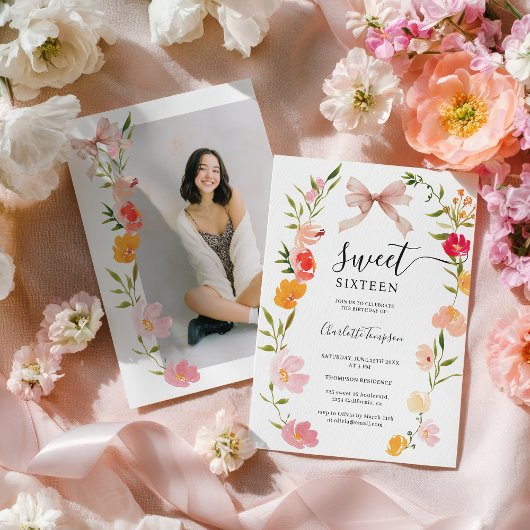 Invitation Boho Wildflowers Pink Coquette Bow Photo Sweet 16