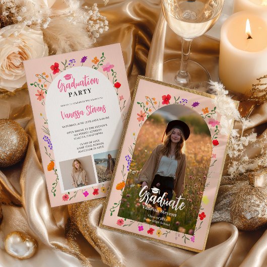 Invitation Boho wildflowers Pink Garden photos graduation