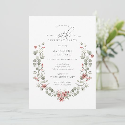 Invitation Boho Winter Greenery Red Floral 90e anniversaire (Debout devant)