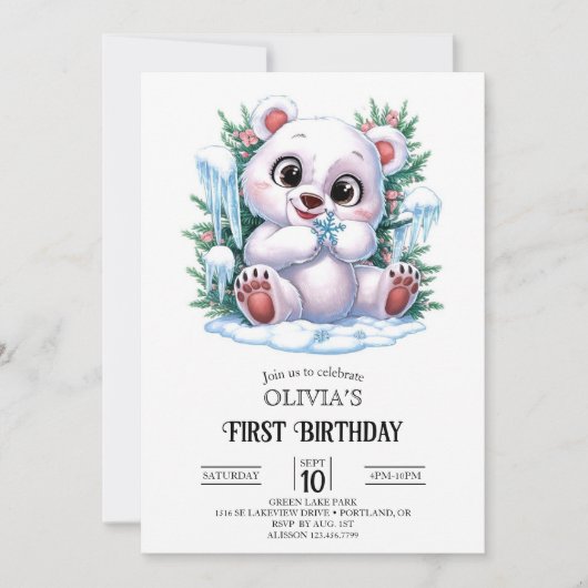Invitation Boho Winter Polar Bear 1er Anniversaire numérique (Devant)