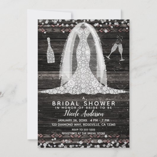 Invitation Boho Wood Chic Diamond Mariage robe Fête des marié (Devant)