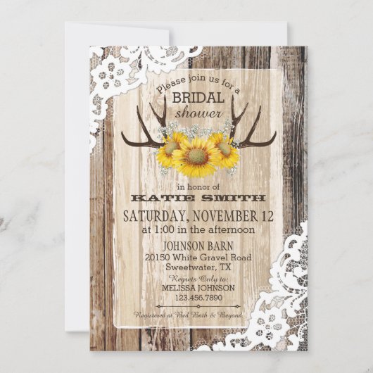 Invitation Boho Wood Sunflower Antlers Fête des mariées rusti (Devant)