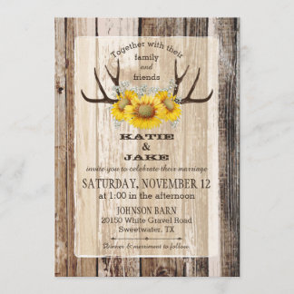 Invitation Boho Wood Sunflower Antlers Mariage rustique