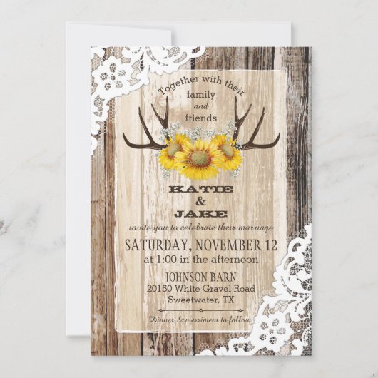 Invitation Boho Wood Sunflower Antlers Mariage rustique (Devant)