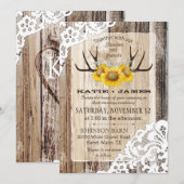 Invitation Boho Wood Tournesol Antlers Dentelle Rustique Mari (Devant / Derrière)