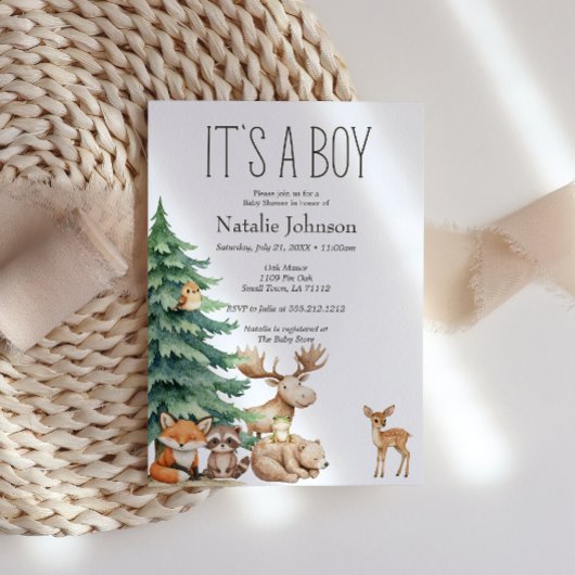 Invitation Boho Woodland Animaux Baby shower garçon