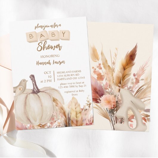 Invitation Boho Woodland Automne Citrouille Baby shower fille