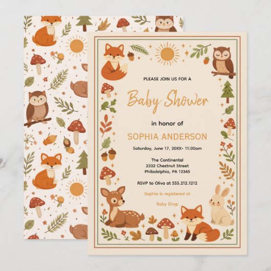 Invitation Boho Woodland Baby Shower | Rustic Forest Animals (Devant / Derrière)