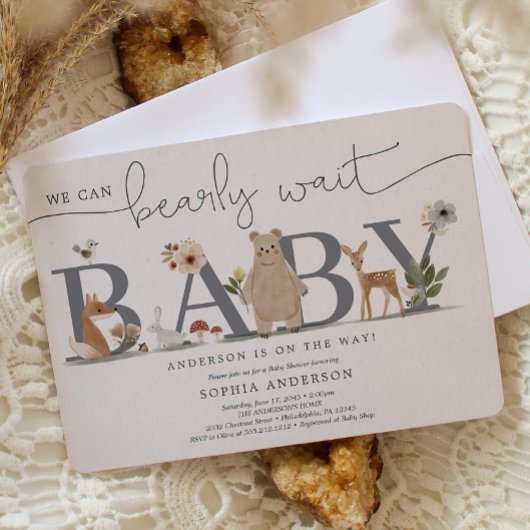 Invitation Boho Woodland Bearly Wait Bear Baby shower