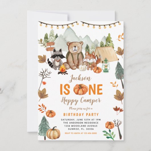 Invitation Boho Woodland Bonfire Citrouille Premier anniversa (Devant)