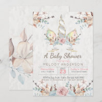 BOHO Woodland Floral Unicorn Baby shower gris tend